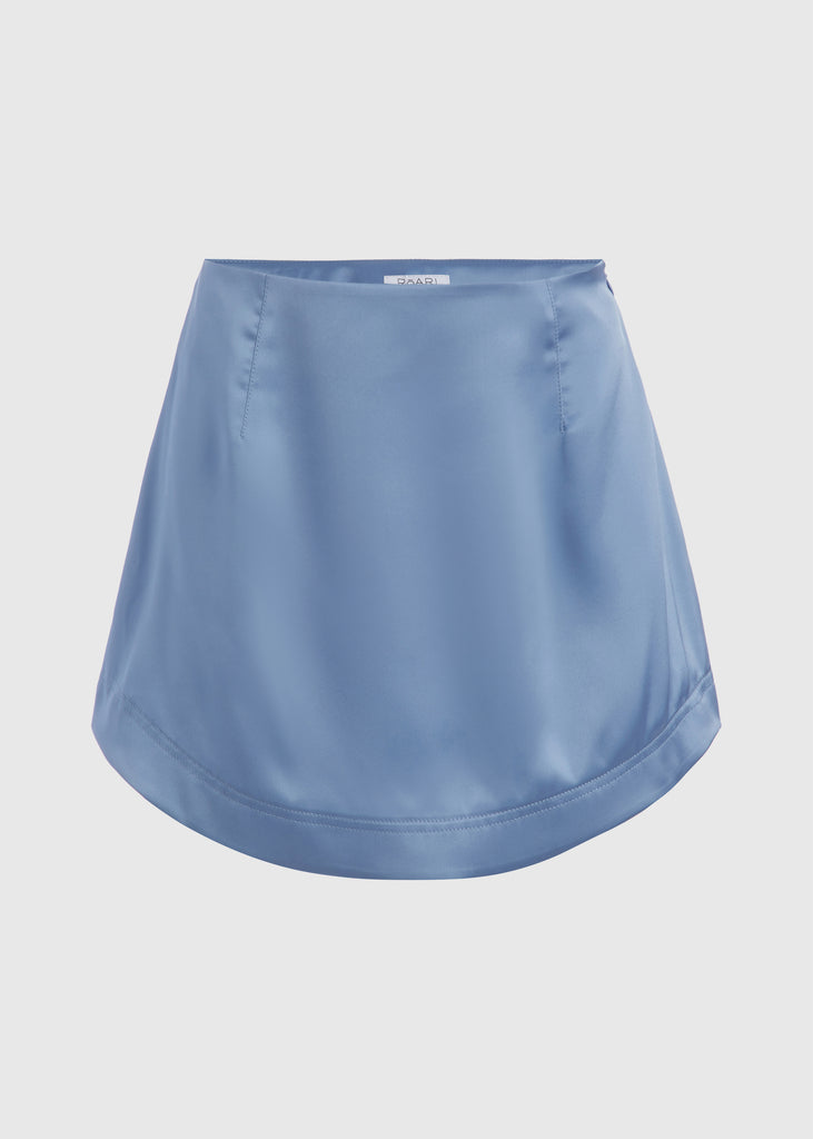 Sky Stella Skirt This vegan silk mini skirt features a flattering curved front and back. Complete with a concealed side zipper and hook and eye closure.  FINAL SALE - EXCHANGE OR STORE CREDIT ONLY