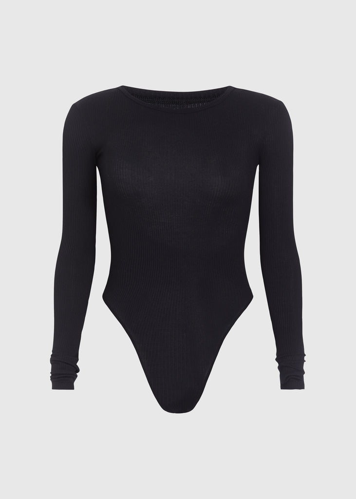 Black Baby Bodysuit This buttery soft long sleeved bodysuit features a sleek silhouette with a crew neckline and an asymmetrical bold back cutout.FINAL SALE 