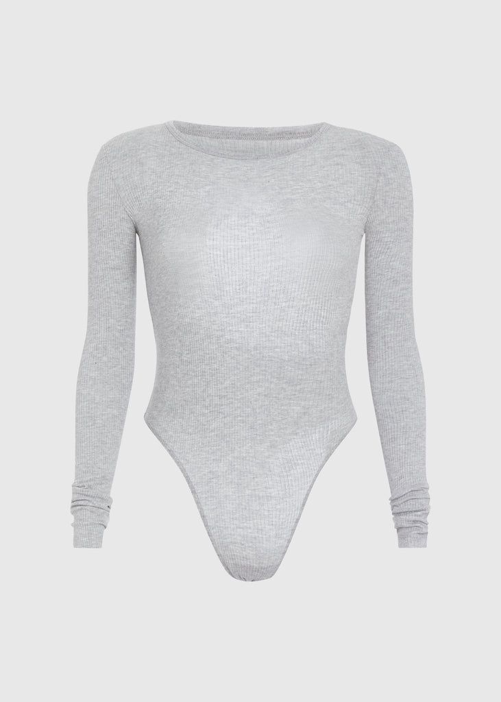 Light Grey Baby Bodysuit This buttery soft long sleeved bodysuit features a sleek silhouette with a crew neckline and an asymmetrical bold back cutout.FINAL SALE 