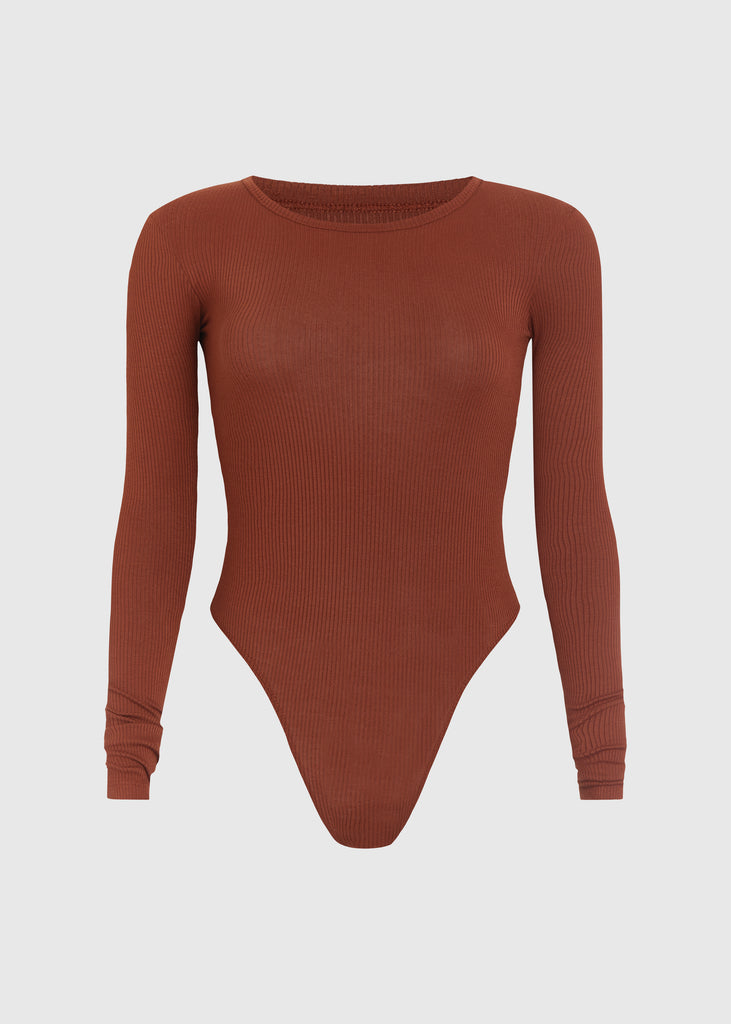 Pecan Baby Bodysuit This buttery soft long sleeved bodysuit features a sleek silhouette with a crew neckline and an asymmetrical bold back cutout.FINAL SALE 