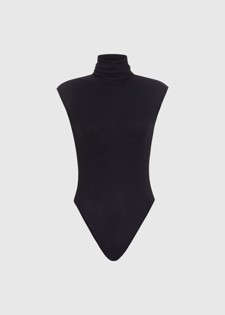 Black Penny Bodysuit This buttery soft sleeveless ribbed turtleneck bodysuit showcases a sleek silhouette for a versatile wardrobe staple.FINAL SALE 