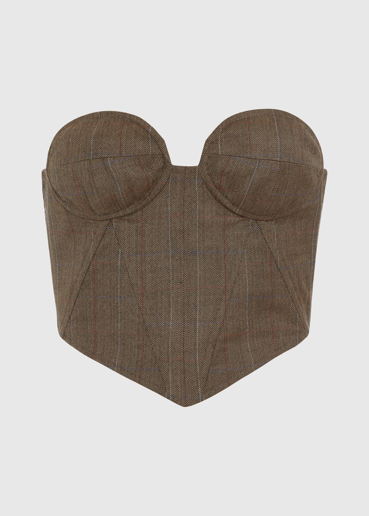 Camel Herringbone Ronnie Corset This tailored strapless corset features a fitted suiting bodice with contoured boning, moldable wiring at cups, and shirred back panels to ensure a snug yet flexible fit. Slightly cropped with a v-front silhouette.