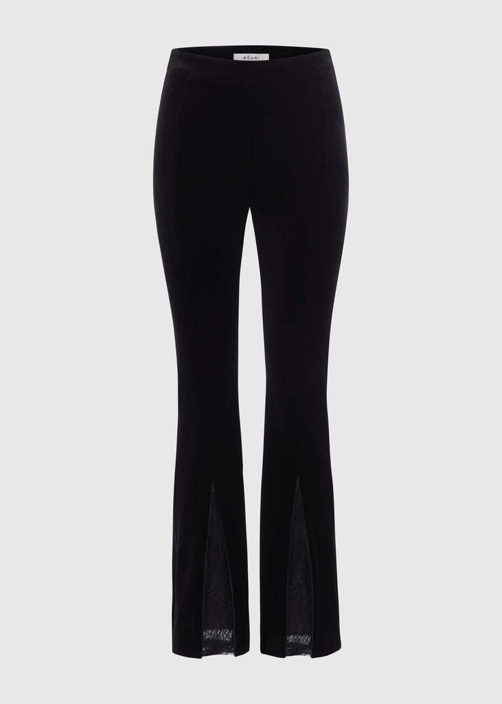 Black Rose Pant High-rise straigh-leg velvet pant featuring hidden zips at front of ankle for option to reveal a lace flared silhouette. *This style has been noted to run one size larger, we suggest sizing down.