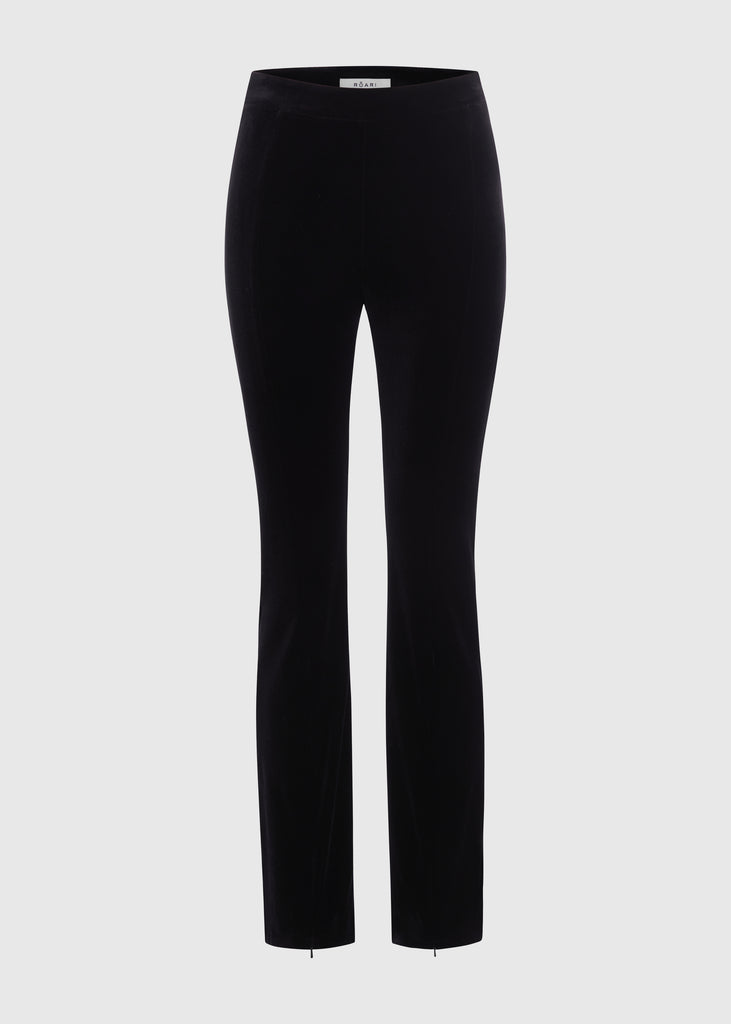 Black Rose Pant High-rise straigh-leg velvet pant featuring hidden zips at front of ankle for option to reveal a lace flared silhouette. Styled with The Rose Corset | The Rose Bolero *This style has been noted to run one size larger, we suggest sizing down.