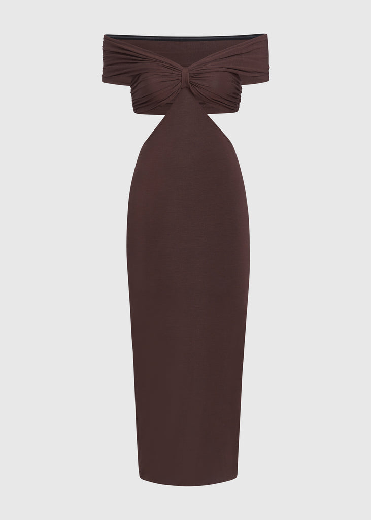 Muted Brown Jamie Dress Carefully draped stretch modal creates this dress with cutout details, fitted double lined skirt and off shoulder neckline. Accentuates the feminine curve and flatters the silhouette.