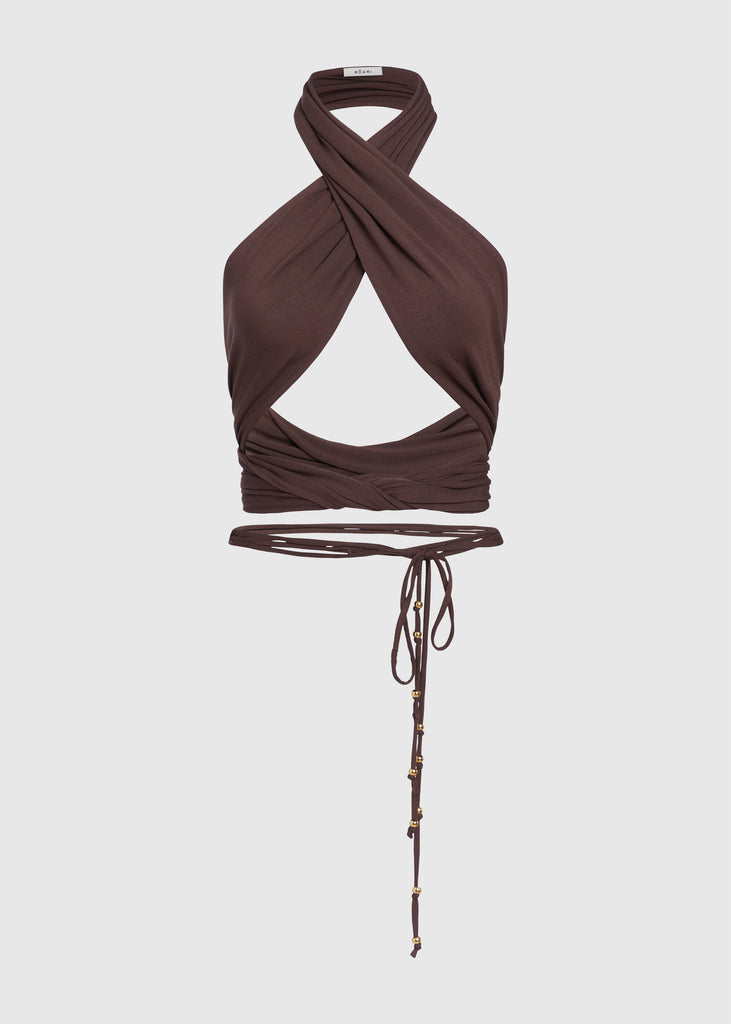 Muted Brown Jamie Wrap Create countless looks with this sustainable premium stretch modal wrap. Includes beaded piece to be paired as a belt, wrapped around neck, tied in hair....the possibilities are endless. 