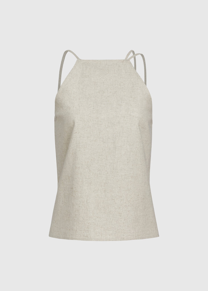 Oatmeal Louise Top This linen square neck top is constructed from a flax linen and cotton blend. It features an open back offering RŌARI's signature statement- an arrangement of ways to be tied. 