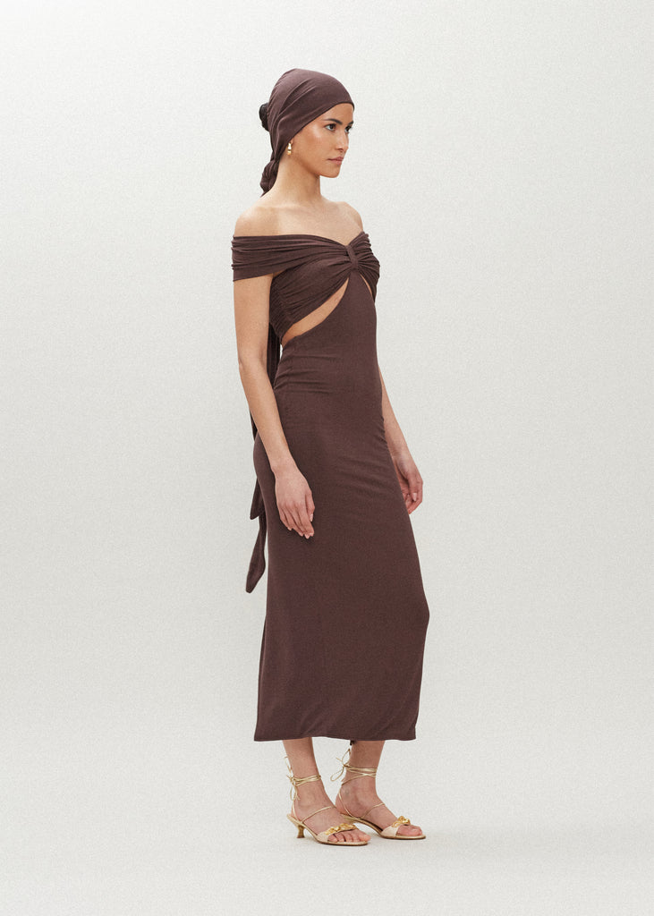 Muted Brown Jamie Dress Carefully draped stretch modal creates this dress with cutout details, fitted double lined skirt and off shoulder neckline. Accentuates the feminine curve and flatters the silhouette.