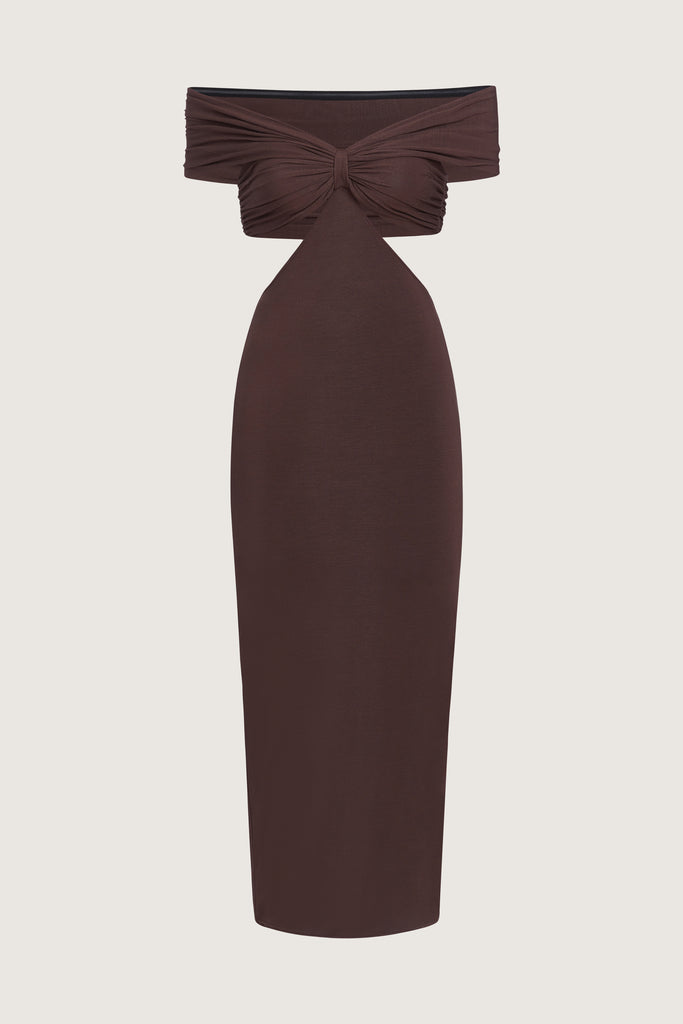 Muted Brown Jamie Dress Carefully draped stretch modal creates this dress with cutout details, fitted double lined skirt and off shoulder neckline. Accentuates the feminine curve and flatters the silhouette.