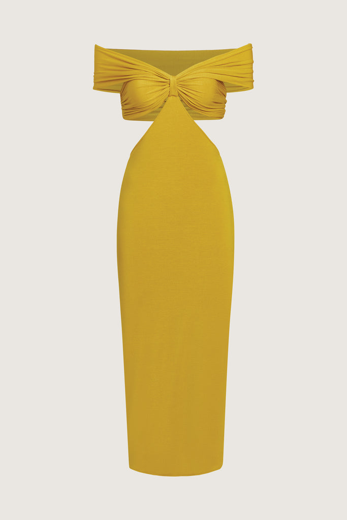 Palm Gold Jamie Dress Carefully draped stretch modal creates this dress with cutout details, fitted double lined skirt and off shoulder neckline. Accentuates the feminine curve and flatters the silhouette.