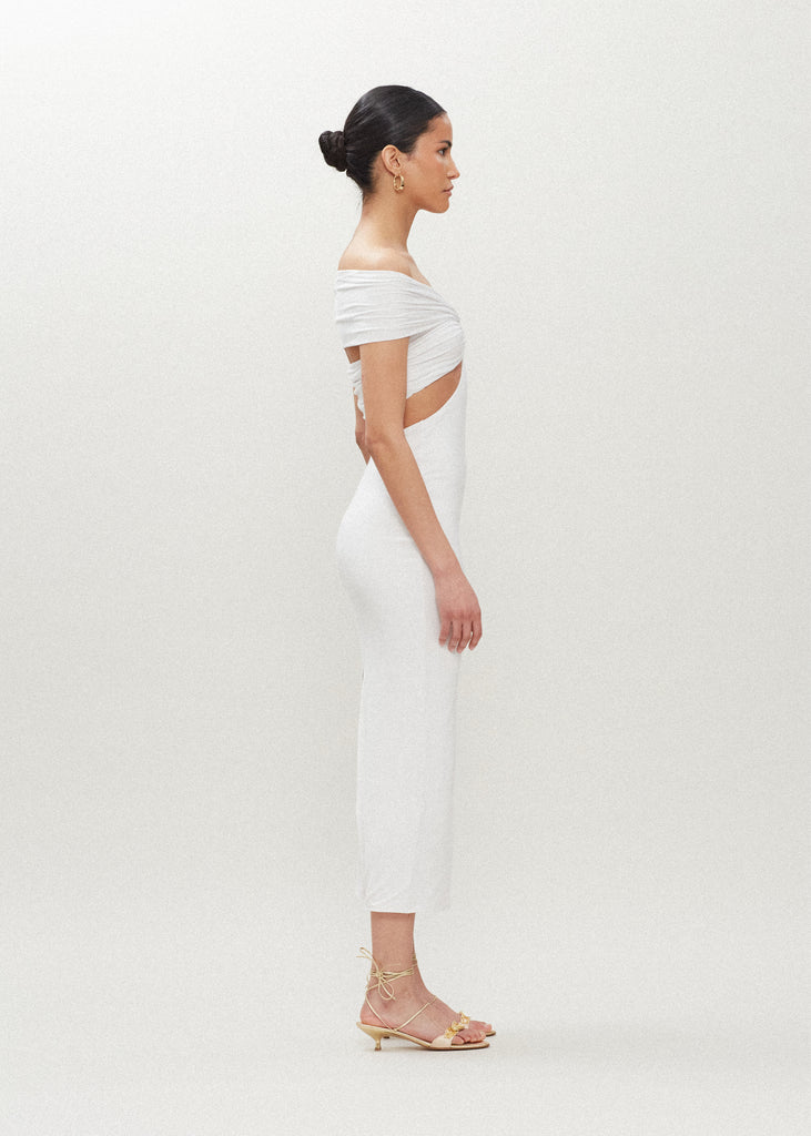 White Jamie Dress Carefully draped stretch modal creates this dress with cutout details, fitted double lined skirt and off shoulder neckline. Accentuates the feminine curve and flatters the silhouette.