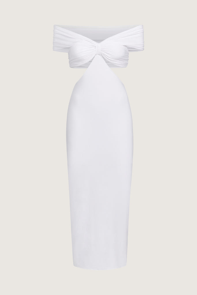 White Jamie Dress Carefully draped stretch modal creates this dress with cutout details, fitted double lined skirt and off shoulder neckline. Accentuates the feminine curve and flatters the silhouette.