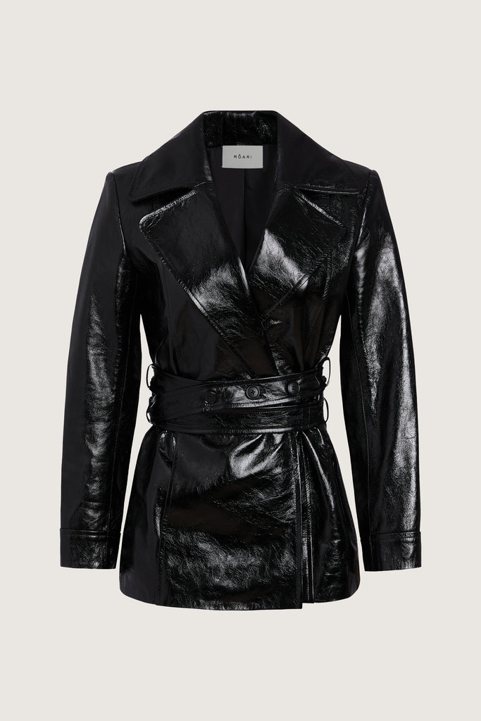 Black Kennedy Jacket This vintage inspired leather jacket offers a structured look with sharp collars and light shoulder pads. Includes double wrap belt for a customized look. Available in Black glazed cow leather and a Powder Blue vegan leather. Ana is 5'9