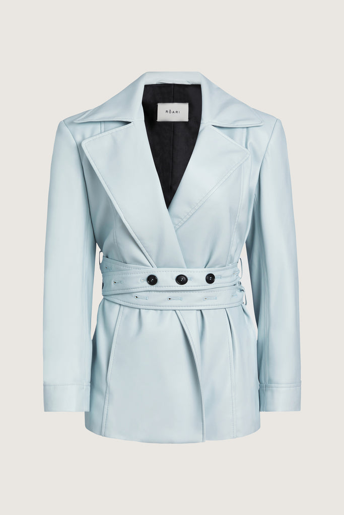 Powder Blue Kennedy Jacket This vintage inspired leather jacket offers a structured look with sharp collars and light shoulder pads. Includes double wrap belt for a customized look. Available in Black glazed cow leather and a Powder Blue vegan leather.Style with The Sarah Jean | The Zoey Tee