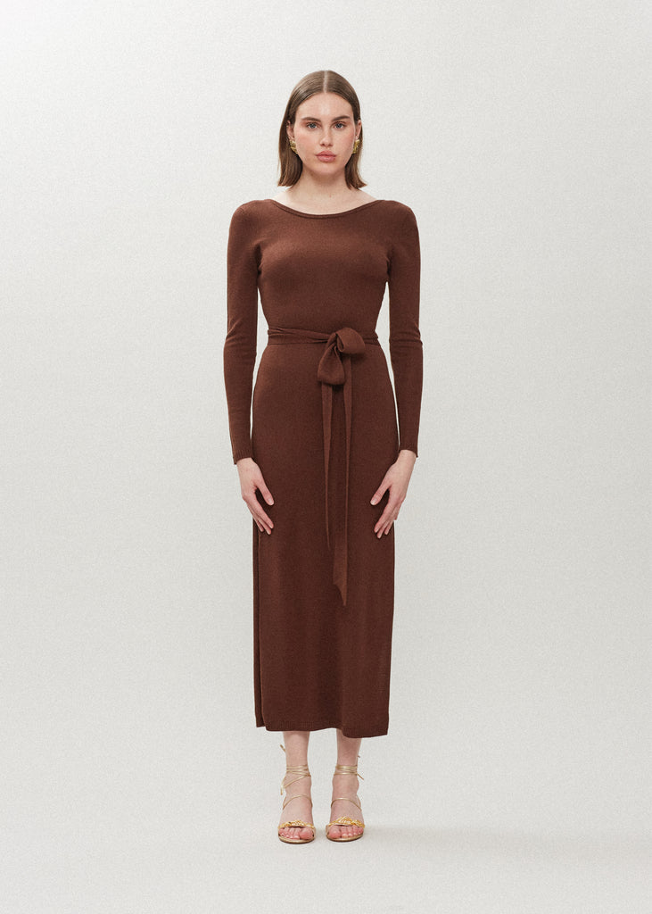 Chocolate Bambi Knit Dress | The Archive This wrap dress features a fixed belt at waist and plunging open back. Crafted from a luxe cashmere blend, hidden zips at sides provide option to vent. Size down for a snug fit.All items within The Archive Collection are FINAL SALE.