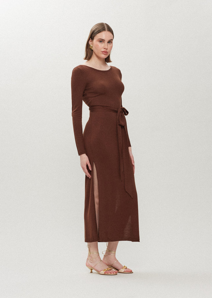 Chocolate Bambi Knit Dress This wrap dress features a fixed belt at waist and plunging open back. Crafted from a luxe cashmere blend, hidden zips at sides provide option to vent. Size down for a snug fit. 