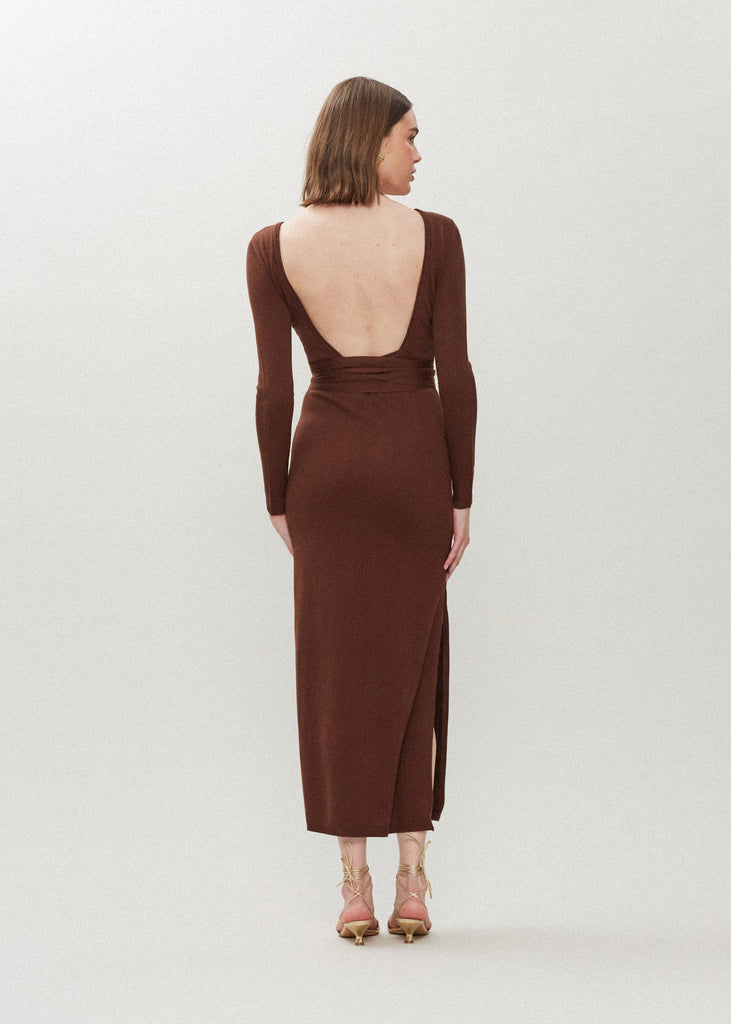 Chocolate Bambi Knit Dress | The Archive This wrap dress features a fixed belt at waist and plunging open back. Crafted from a luxe cashmere blend, hidden zips at sides provide option to vent. Size down for a snug fit.All items within The Archive Collection are FINAL SALE.Subscribe to our newsletter to unlock an additional offer exclusive to the archive sale.