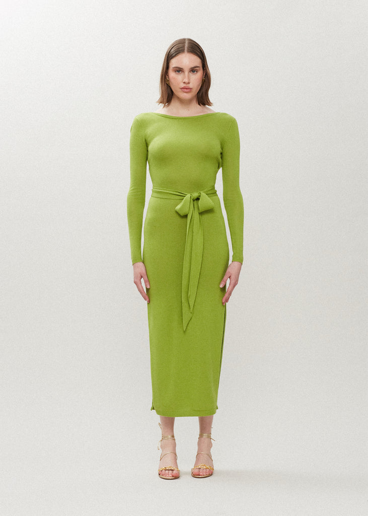 Leaf Bambi Knit Dress This wrap dress features a fixed belt at waist and plunging open back. Crafted from a luxe cashmere blend, hidden zips at sides provide option to vent. Size down for a snug fit. 