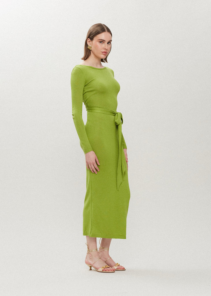Leaf Bambi Knit Dress | The Archive This wrap dress features a fixed belt at waist and plunging open back. Crafted from a luxe cashmere blend, hidden zips at sides provide option to vent. Size down for a snug fit.All items within The Archive Collection are FINAL SALE.Subscribe to our newsletter to unlock an additional offer exclusive to the archive sale.