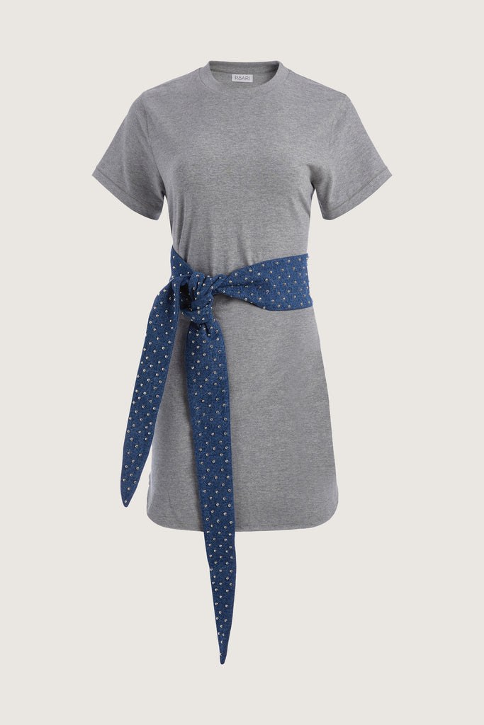 Heather Grey Archive / Lea Dress Crafted from premium cotton, this crew neck t-shirt dress boasts a curved hemline. Finished with attached denim studded belt. This item is FINAL SALE.