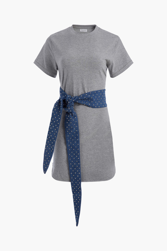 Heather Grey Lea Dress Crafted from premium cotton, this crew neck t-shirt dress boasts a curved hemline. Finished with attached denim studded belt. *Sale merchandise is exchangeable for size or store credit. 