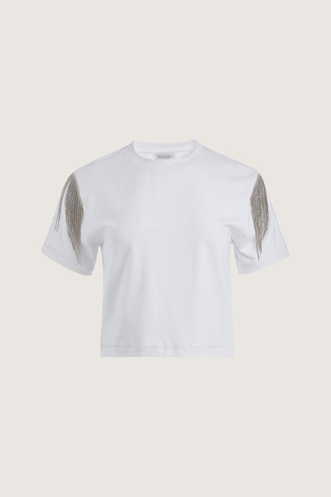 White Archive / Liz Tee The Liz Tee is crafted from 100% premium stretch cotton and designed with a boxy cut crewneck for a contemporary look. Hand-applied silver chain fringe detail at the shoulders and a cropped fit that sits perfectly above the hip.Style with The Sarah Stretch JeansThis item is FINAL SALE.