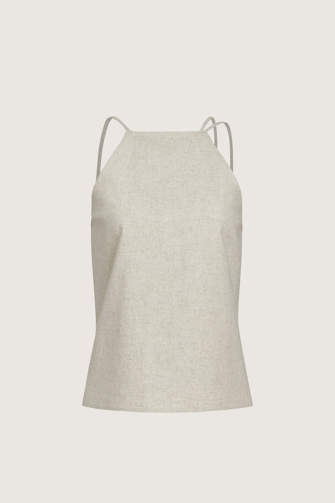 Oatmeal Louise Top This linen square neck top is constructed from a flax linen and cotton blend. It features an open back offering ROARI's signature statement- an arrangement of ways to be tied.Style with The Louise Trouser | The Louise Shirt | The Louise Skirt