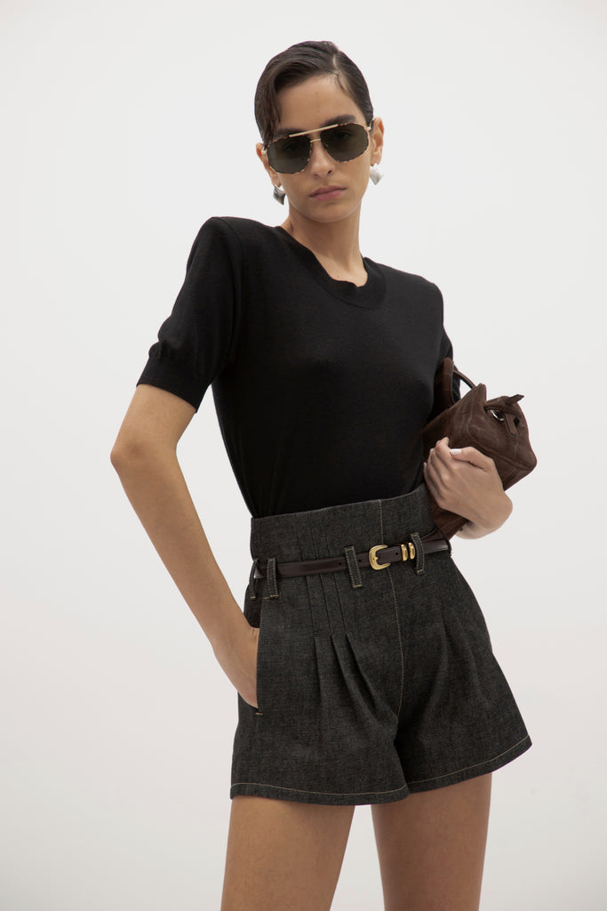 Black Margot SS Sweater -Crewneck short sleeve sweater -Crafted in a lightweight silk and cashmere blend -Single-layer ribbing at neckline, cuffs, and hem-Subtle shoulder structure with removable, self-covered shoulder pads-Interior shoulder seam with discreet snaps to remove pads  Ingryd is 5'10