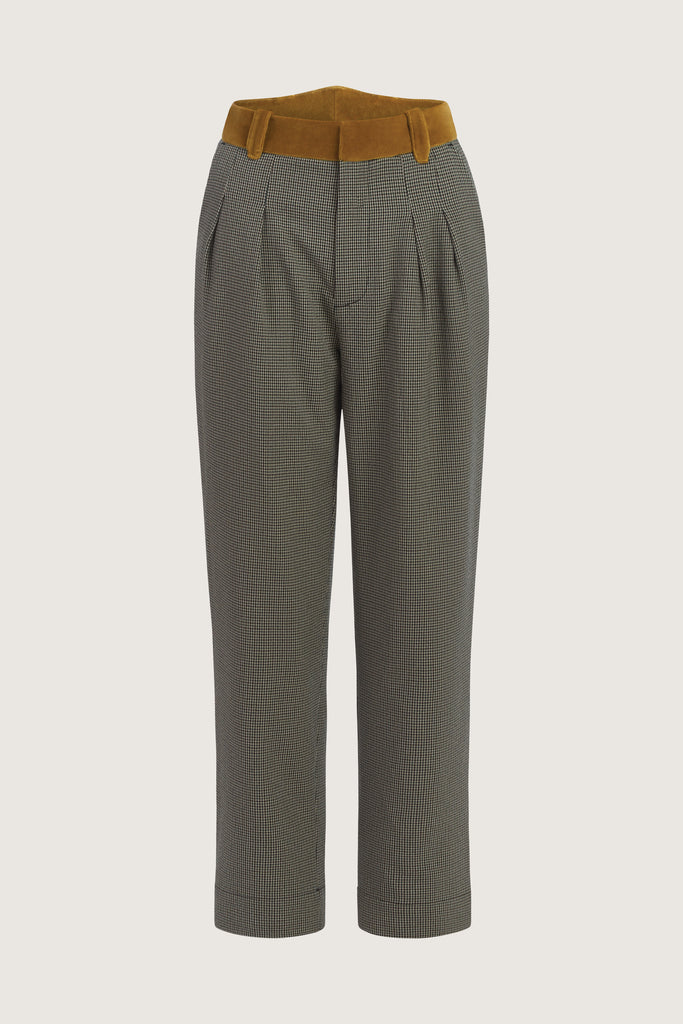 Grey Houndstooth Meredith Trouser A fresh take on the classic straight leg suit pant. Detailed contrasting velvet at waist. Includes a release at the bottom hem for added length if desired. Lined.  Molly is 5’9” and wearing a size 23.Styled with The Meredith Blazer.