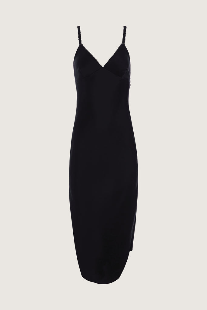 Black Paras Dress The Paras vegan silk midi slip dress features a v-neckline with scalloped trim, bust darts, ruched elastic straps, a low cut open back, and a curved, vented hemline.All items marked down are FINAL SALE.