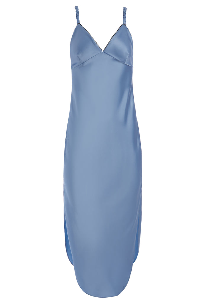Sky Paras Dress The Paras vegan silk midi slip dress features a v-neckline with scalloped trim, bust darts, ruched elastic straps, a low cut open back, and a curved, vented hemline.*Sale merchandise is exchangeable for size or store credit. 