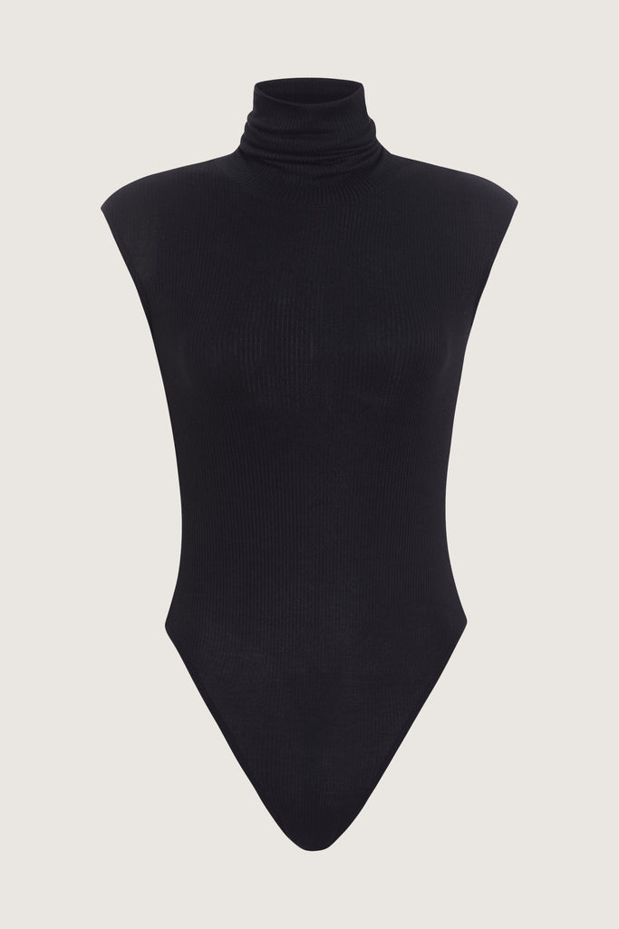 Black Penny Bodysuit This buttery soft sleeveless ribbed turtleneck bodysuit showcases a sleek silhouette for a versatile wardrobe staple.FINAL SALE 