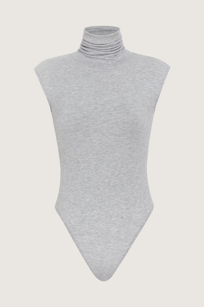 Light Grey Penny Bodysuit This buttery soft sleeveless ribbed turtleneck bodysuit showcases a sleek silhouette for a versatile wardrobe staple.FINAL SALE 