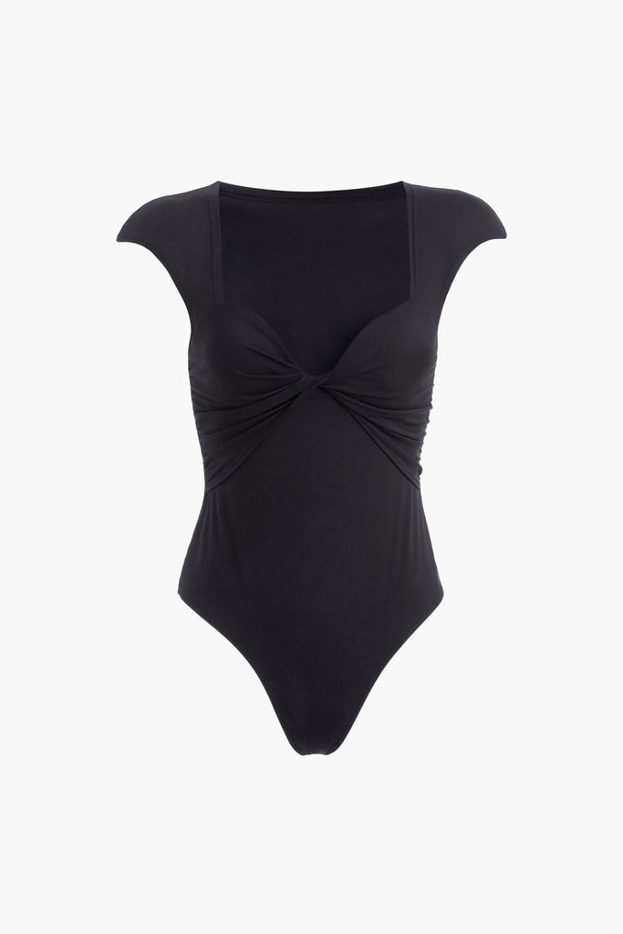 Black RAE BODYSUIT This bodysuit features a twisted ruched bust, fitted cap-sleeve shoulder and timelesss silhouette. *All sale merchandise is exchangeable for size only.