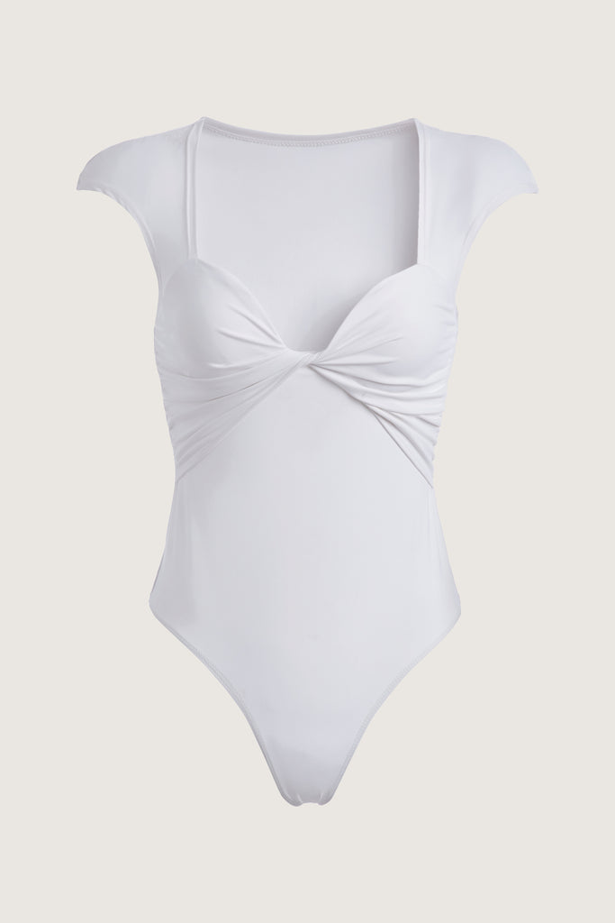 White Rae Bodysuit This bodysuit features a twisted ruched bust, fitted cap-sleeve shoulder and timeless silhouette. This item is FINAL SALE.