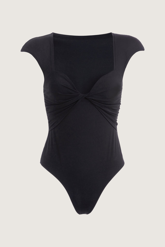 Black Rae Bodysuit This bodysuit features a twisted ruched bust, fitted cap-sleeve shoulder and timeless silhouette. This item is FINAL SALE.