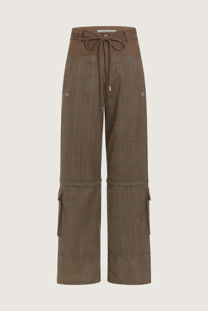 Camel Herringbone Ronnie Trouser High-rise lightweight tailored trouser featuring contrasting waistband with self-fabric tie tunneled through two rows of belt loops. Featuring a relaxed leg fit with cargo style pockets and horn buttons. Ana is 5'9