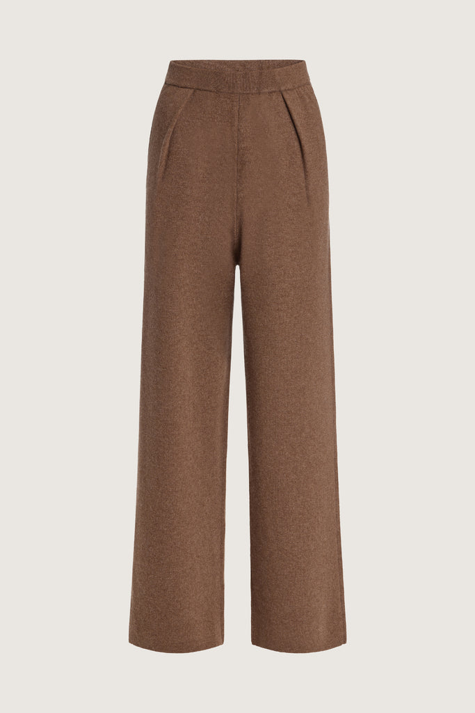 Brown Beverly Trouser Delicately soft and consciously crafted, a versatile piece designed for ultimate comfort.-Wide-leg silhouette for a relaxed fit-Elastic waistband-Center front pleats-Side pockets-Back patch pockets🐑 Made with Good Cashmere Standard® wool to support the welfare of cashmere goats We recommend ordering your usual size.Styled with the Nico Shirt