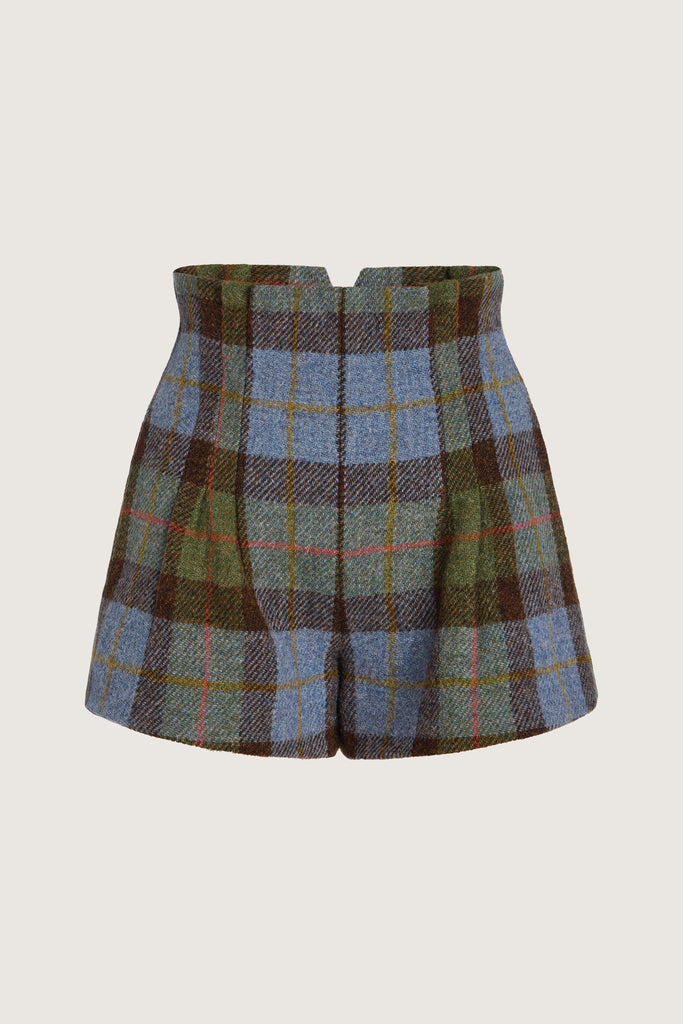 Green Multi Plaid Kate Short Sophisticated and heritage-inspired bottoms, crafted from authentic Harris Tweed, featuring unique textural details.-100% British wool, handwoven in the Western Isles of Scotland-Fully lined-High-waisted paper bag shorts -On-seam pockets-Pleated front-Hidden side zip-Belt loops at back only, designed to keep your belt in place♻️ Minimizing our environmental impact: Harris Tweed is naturally renewable, biodegradable and recyclable.We recommend ordering your usual size.Styled with the Raymond Jacket & Olivia Turtleneck 