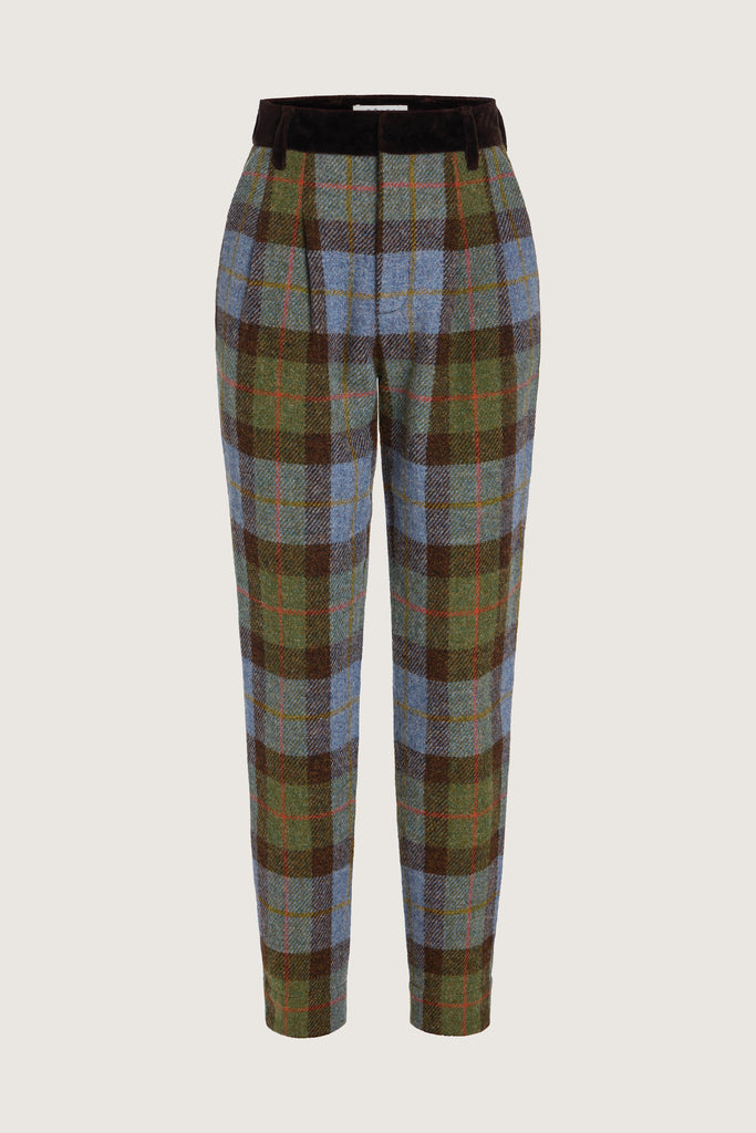 Green Multi Plaid Raymond Trouser Expertly tailored in a silhouette that echoes the collection's blend of classic tailoring and modern details.-100% British wool, handwoven in the Western Isles of Scotland-Straight leg ankle length trouser-Smooth velvet combo waistband-Double-pleated front-Slant front pockets-Self-doubled belt loops-Zip fly with hook and bar closure-Faux welt back pockets-Fully lined for superior comfort and drape♻️ Minimizing our environmental impact: Harris Tweed is naturally renewable, biodegradable and recyclable.We recommend ordering your usual size.Styled with the Raymond Jacket & Olivia Turtleneck 