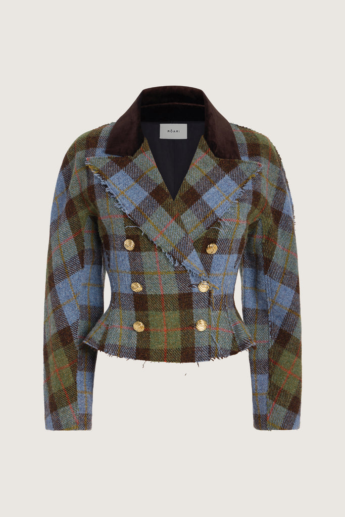 Green Multi Plaid Raymond Jacket A sophisticated and heritage-inspired piece crafted from authentic Harris Tweed, featuring a distinctive double-breasted design and unique textural details.-100% British wool, handwoven in the Western Isles of Scotland-High performance durable and windproof fabric-Double-breasted front closure-Peplum waist detail-Dolman sleeves-Brown velvet contrasting collar-Raw edges at lapel and center front placket-Decorative gold knot button closure-Fully lined♻️ Minimizing our environmental impact: Harris Tweed is naturally renewable, biodegradable and recyclable.We recommend ordering your usual size.Styled with the Raymond Trouser, Kate Short, & Olivia Turtleneck 