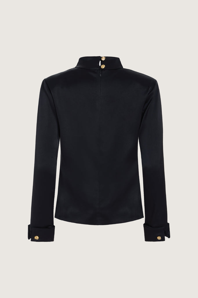 black Vivien LS Top Elevate your wardrobe with this silky-soft and versatile satin top.-Cowl neckline with stacked collar-Self-loops with gold knot buttons at back neck-Removable shoulder pads with interior pockets-Hidden zip at back-Turnback cuff with gold knot button-Fluid drape with tailored structure-Finished with French seamsWe recommend ordering your usual size.Styled with the Mia Trouser