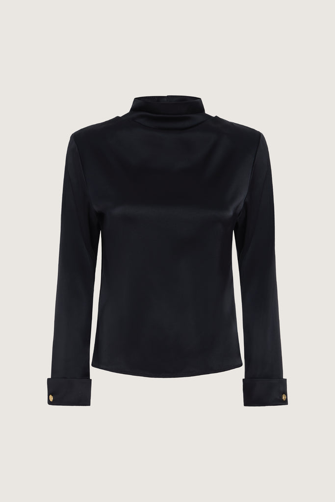black Vivien LS Top Elevate your wardrobe with this silky-soft and versatile satin top.-Cowl neckline with stacked collar-Self-loops with gold knot buttons at back neck-Removable shoulder pads with interior pockets-Hidden zip at back-Turnback cuff with gold knot button-Fluid drape with tailored structure-Finished with French seamsWe recommend ordering your usual size.Styled with the Mia Trouser