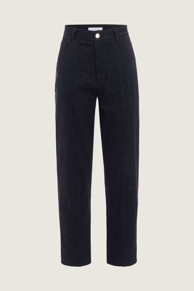 Jet Black Sarah Stretch Jean Vintage inspired high-rise fit with a relaxed straight-leg in a lightweight stretch denim, cropped ankle length and seams down the front. Each hand-finished pair has a branded enameled button. Made in New York.  Brittany is 5'10