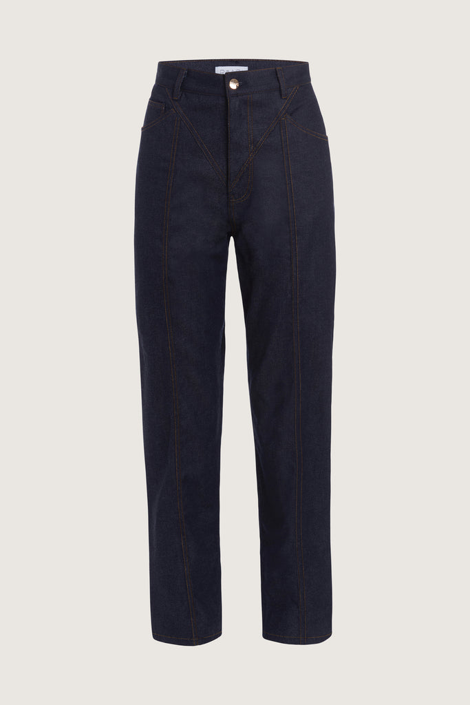 Raw Indigo Kat Trouser Dual pleated mid-rise trousers featuring a straight relaxed fit, pockets at back with horn buttons, and includes a self-fabric detachable belt.  Ana is 5’9