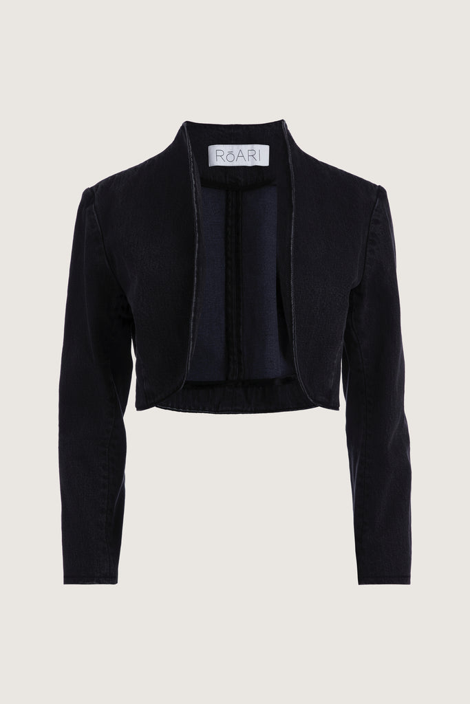 Faded Black Sasha Bolero This bolero jacket is cut from cotton denim with a vintage finish. It features an open front lapel and cropped length.Styled with The Sarah Jean