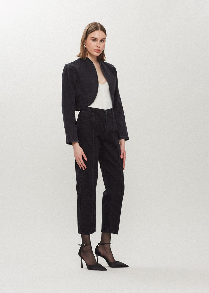Faded Black Sasha Bolero This bolero jacket is cut from cotton denim with a vintage finish. It features an open front lapel and cropped length.