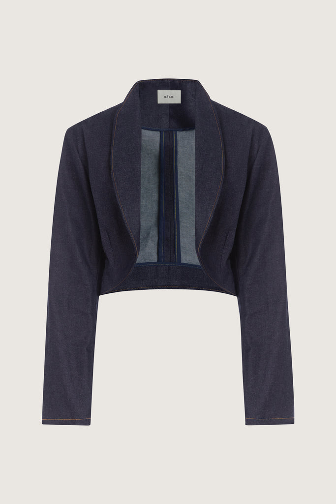 Raw Indigo Sasha Stretch Bolero This bolero jacket is cut from a lightweight cotton denim elastane blend, designed to feel weightless and breathable during all seasons . It features an open front lapel and cropped length.Styled with The Sarah Stretch Jean | The Chloe Corset