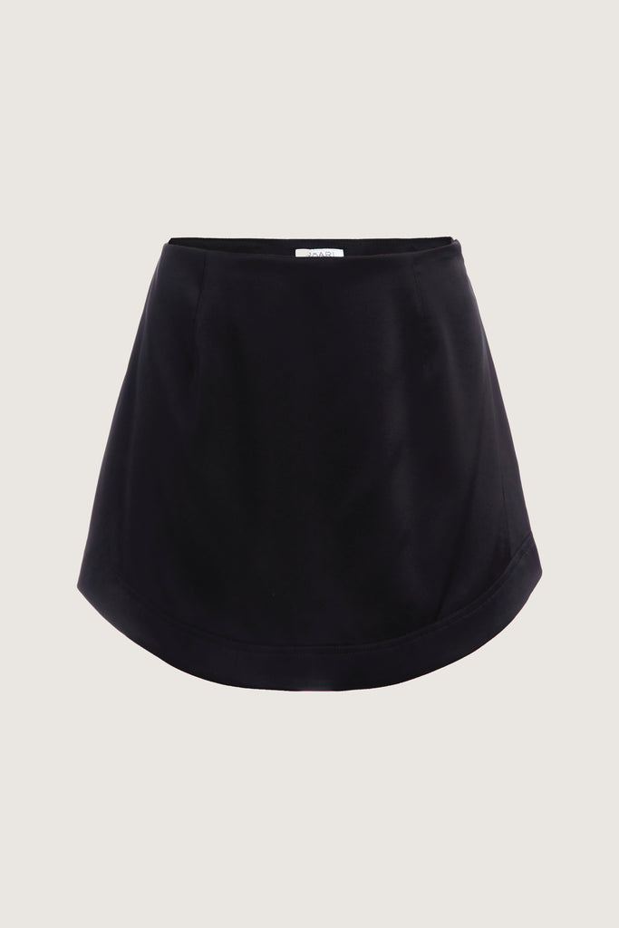 Black Stella Skirt This vegan silk mini skirt features a flattering curved front and back. Complete with a concealed side zipper and hook and eye closure. All items marked down are FINAL SALE.