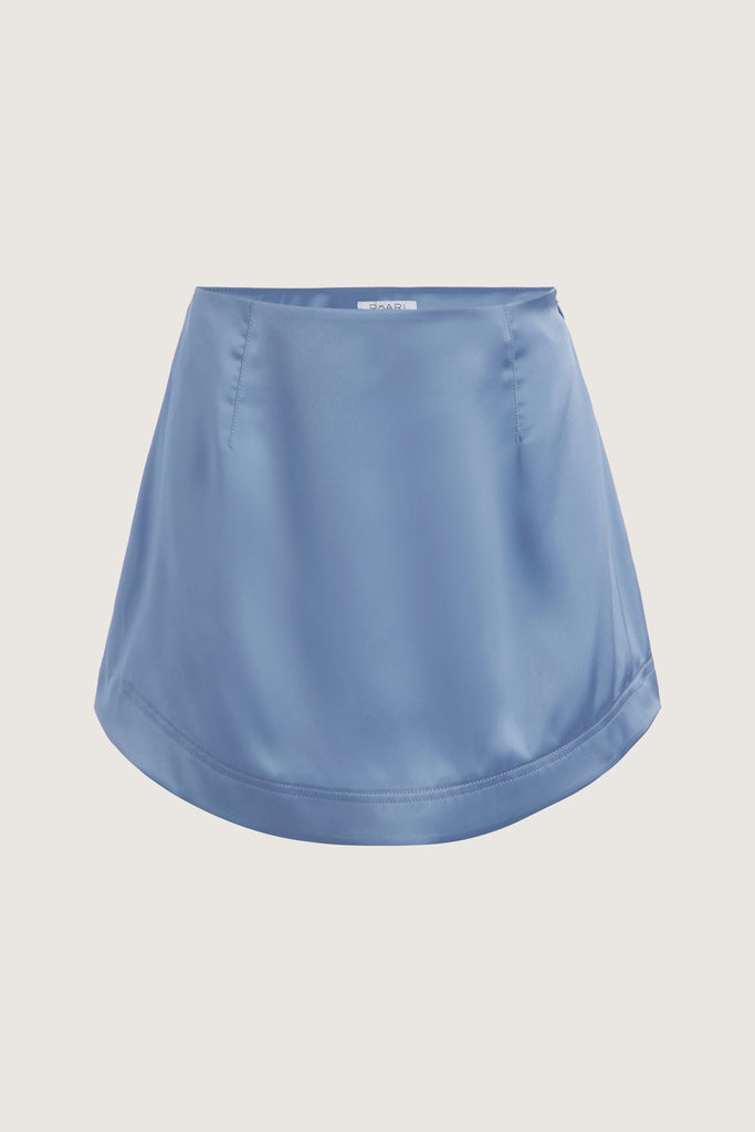 Sky Stella Skirt This vegan silk mini skirt features a flattering curved front and back. Complete with a concealed side zipper and hook and eye closure. All items marked down are FINAL SALE.